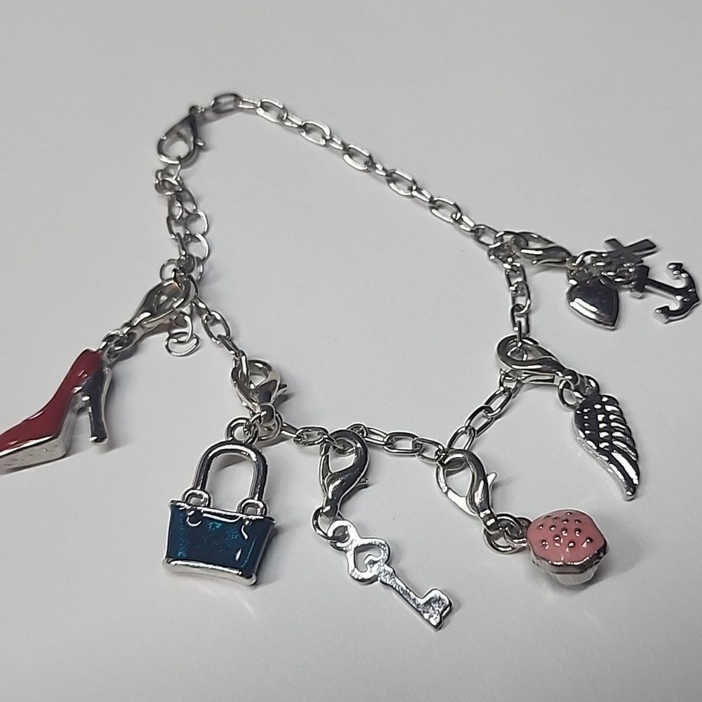 Womens Silver Tone Charm Bracelet Cupcake High Heel Purse Key Angel Wing Anchor - Picture 2 of 3